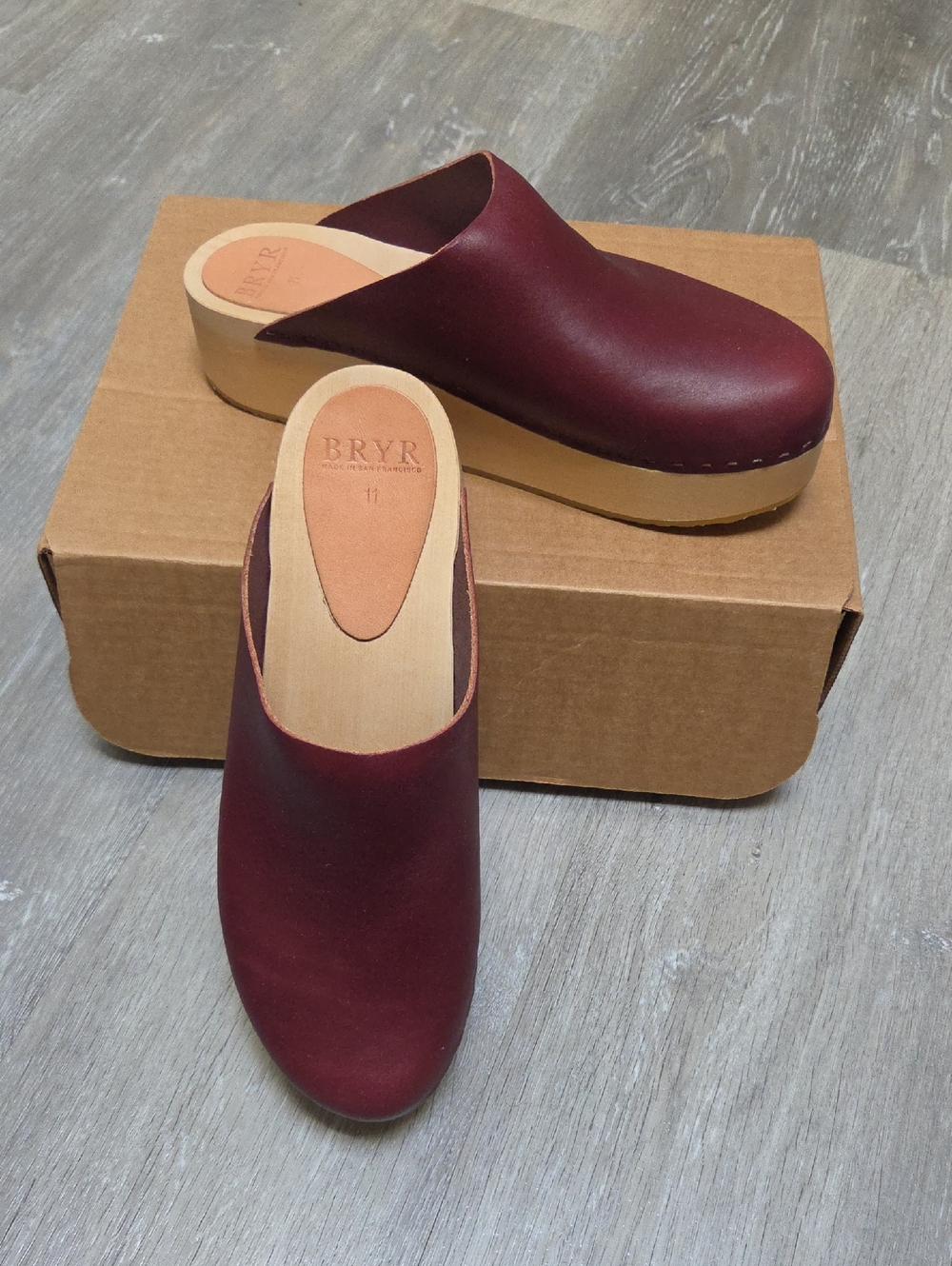 BRYR Burgundy Bean Slip-On Leather Clogs. Light Wood Platform. Worn Once. Sz 11